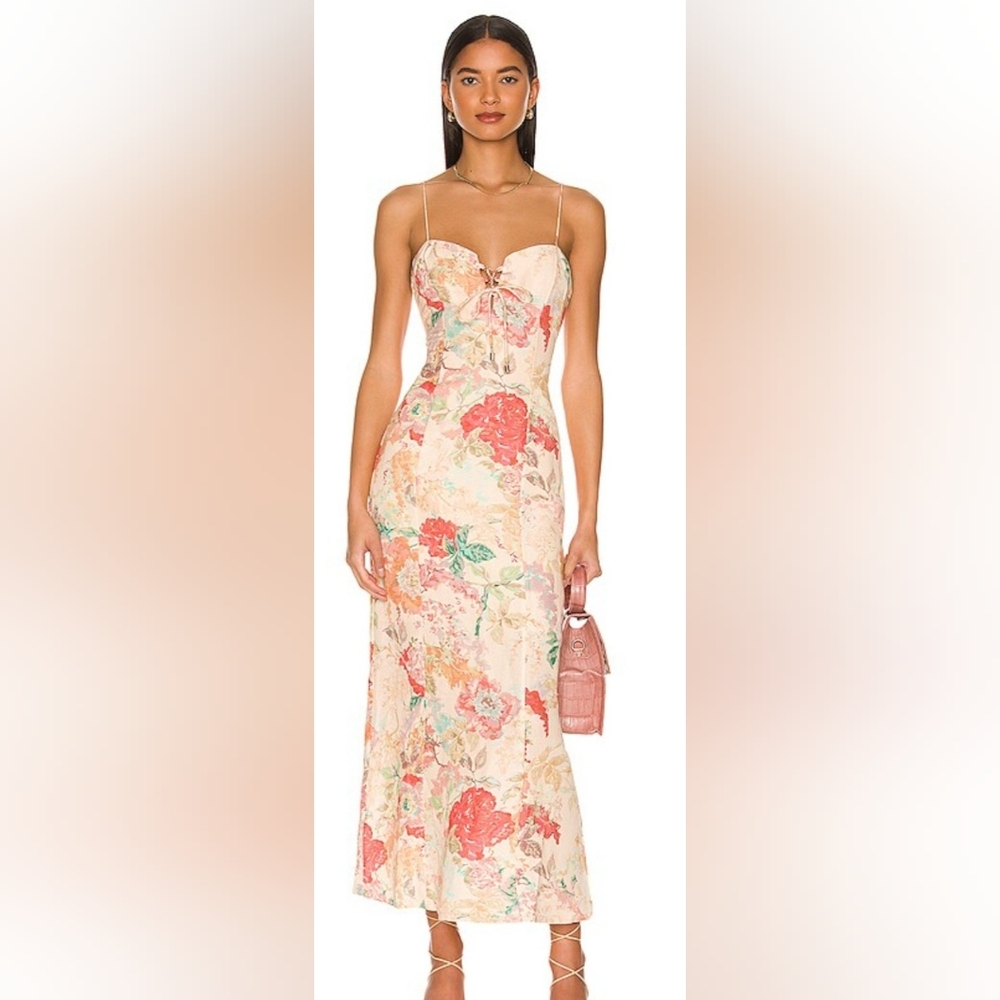 Significant Other Floral Midi Dress Size 10 Peach Coral Lace-Up Bodice - Picture 10 of 14